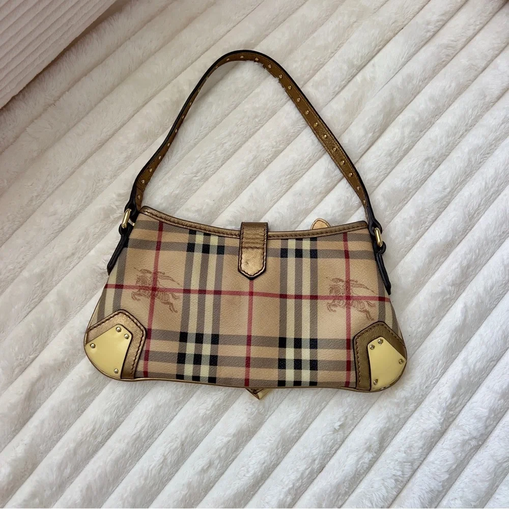 Burberry Shoulder Bag Check Nova Plaid Gold Buckle Vintage Horse Knight Logo - Picture 2 of 11